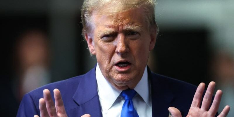 republican presidential candidate and former us president donald trump speaks to reporters at the end of the day s proceedings in his criminal trial at the new york state supreme court in new york city on may 3 2024