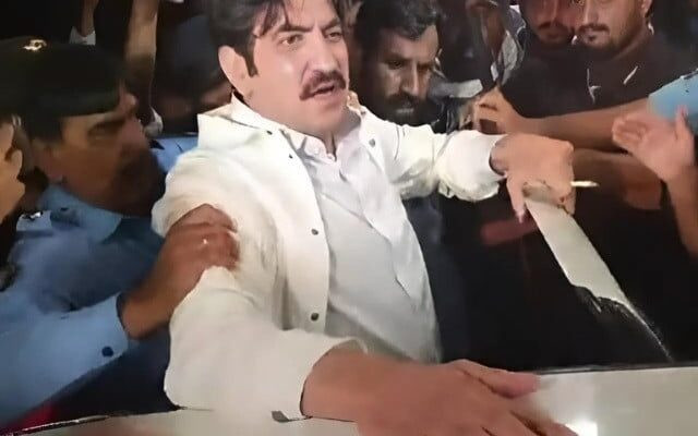 pti mna sher afzal marwat is being arrested outside parliament hous in islamabad on monday screengrab