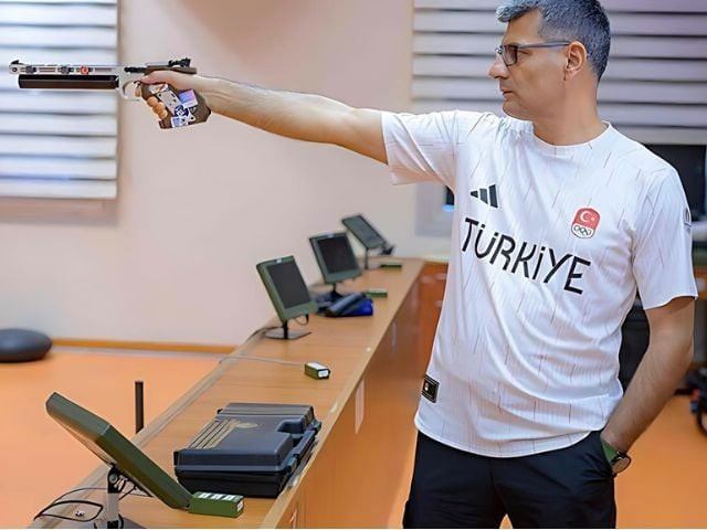 silver medalist at the paris 2024 olympic games turkish shooter yusuf dikec poses for a photograph while training in ankara in this file photo from august 9 photo